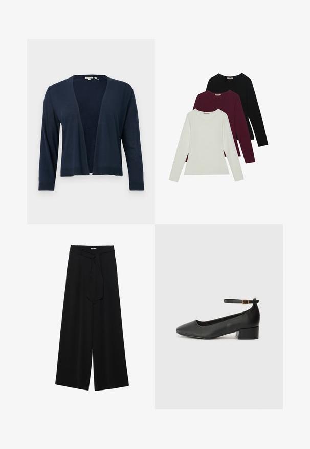 Marineblauer Cardigan, leichtes Strickmaterial, offenes Vorderdesign, lange Ärmel, gerippte Bündchen und Saum, glatte Textur, keine Verschlüsse oder Muster.; Langarm-T-Shirts in Weiß, Bordeaux und Schwarz. Hergestellt aus weichem Stoff mit Rundhalsausschnitt und figurgerechtem Design. Eignen sich gut zum Schichten.; Schwarze weite Hosen aus strukturiertem Stoff, mit elastischem Bund und einem abnehmbaren Bindegürtel in der Taille für eine verstellbare Passform.; Schwarze Lederpumps mit spitzem Zehenbereich und niedrigem Blockabsatz. Mit einem Knöchelriemen und einer goldfarbenen Schnalle. Glatte Textur.
