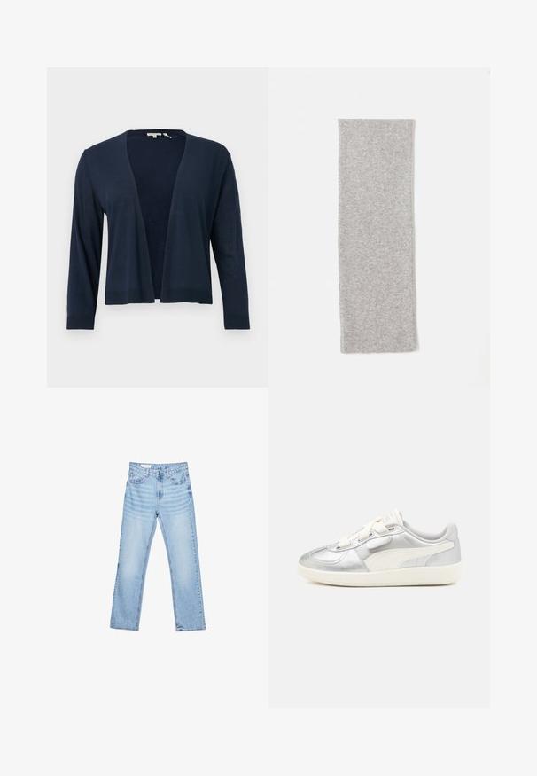 Cardigan blu navy, materiale a maglia leggero, design aperto davanti, maniche lunghe, polsini e orlo a coste, texture liscia, senza chiusure né fantasie.; Top bianco a maniche lunghe con scollatura ampia e dettaglio arricciato sul retro. Texture liscia, design aderente.; Jeans in denim azzurro chiaro con taglio dritto, design a cinque tasche e cuciture visibili. Vita a media altezza con chiusura classica a bottone e zip.; Sneaker metallico argento con accenti bianchi, parte superiore in sintetico liscio, chiusura con lacci e suola in gomma testurizzata. Logo PUMA di lato.; Sciarpa grigia lavorata a maglia con una texture liscia, forma rettangolare allungata e bordi puliti, progettata per calore e comfort.; Even&Odd Borsa a mano - black