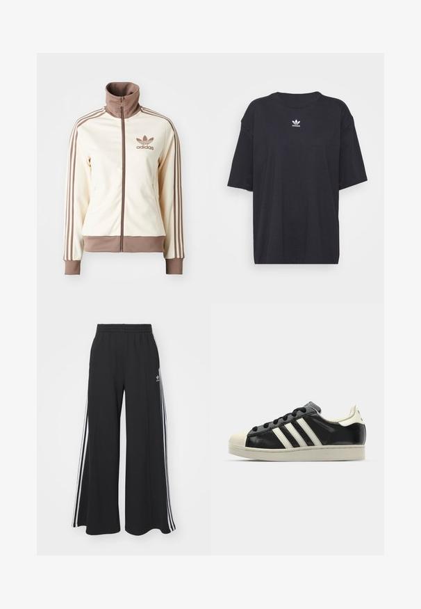 adidas Originals CLASSIC - Casaco de treino - white/trace brown; T-shirt de algodão preto com mangas curtas, decote arredondado, apresenta um logótipo branco da Adidas no peito. Design simples, ajuste descontraído.; Calças de suor largas e pretas com uma cintura elástica, apresentando riscas brancas nas laterais e um logótipo bordado na coxa esquerda.; Sapatilha de couro preto com riscas brancas, biqueira de borracha, atacadores pretos e sola na cor creme. Textura suave com acabamento brilhante.