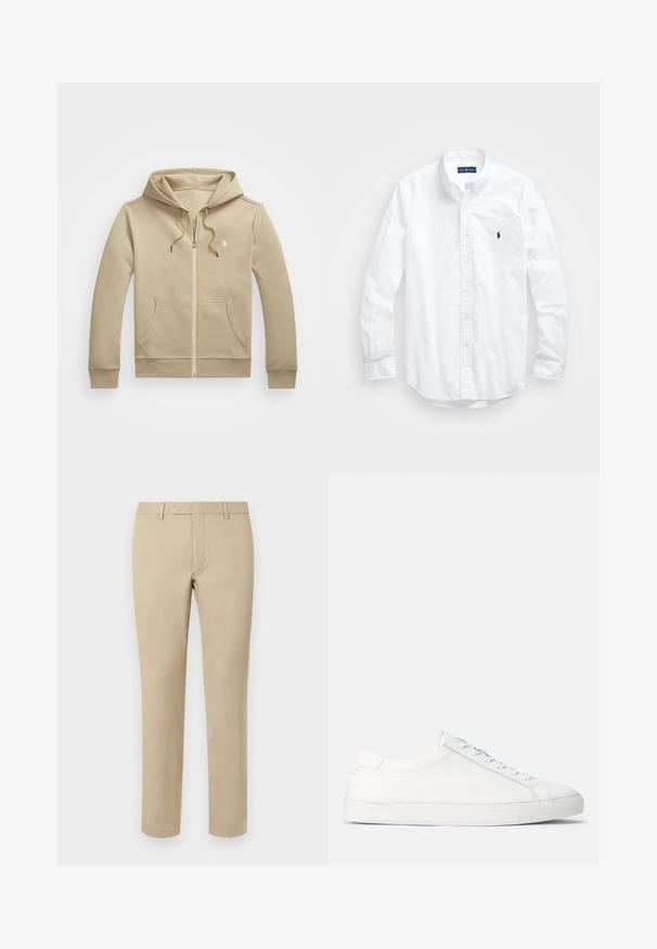 Polo Ralph Lauren DOUBLE-KNIT FULL-ZIP HOODIE - Camisola com fecho - classic khaki; Camisa de botões de manga longa branca em algodão. Apresenta um colarinho clássico, punhos com botão e um pequeno logótipo bordado em azul-marinho no peito.; Calças de algodão bege com corte reto, apresentando passantes para cinto, frente lisa e bainhas ajustadas. Textura suave e detalhes mínimos.; Sneakers brancos em couro com textura suave, forma arredondada, sola de borracha plana e atacadores brancos. Apresenta um design minimalista e uma marca discreta.