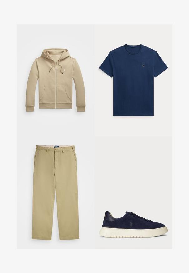 Polo Ralph Lauren DOUBLE-KNIT FULL-ZIP HOODIE - Zip-up sweatshirt - classic khaki; Navy blue cotton t-shirt featuring a crew neckline and short sleeves. Small white polo logo on the left chest. Classic fit and smooth texture.; Khaki chinos with a straight leg design, made from cotton blend fabric. Features belt loops, front button closure, and two side pockets.; Navy suede low-top sneaker with a textured surface, rubber sole, and tonal laces, featuring a small logo on the side and heel.