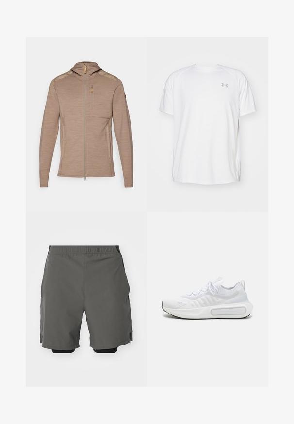 Svetlohnedá mikina na zips s kapucňou, vyrobená z textúrovanej látky, s akcentmi na pleciach a náprsním vreckom so zipsom.; Biele atletické tričko s krátkym rukávom vyrobené z hladkej tkaniny. Má okrúhly výstrih a šedé logo na ľavej hrudi, so štrbinami po stranách na leme.; Sivé športové šortky s hladkým, ľahkým materiálom a elastickým pásom, s vnútornými kompresnými šortkami a bočnými vreckami.; Biele športové tenisky s textúrovaným pleteným zvrškom, šnurovaním, mäkčenou podrážkou a charakteristickým detailom značky na boku.
