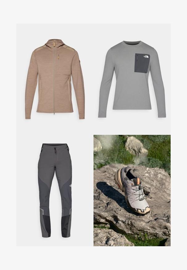 Jasnobrązowa kurtka z zamkiem błyskawicznym i kapturem, wykonana z teksturowanej tkaniny, z akcentami na ramionach oraz kieszenią na piersi z zamkiem.; Szara koszula z długim rękawem o teksturowanej tkaninie, z ciemnoszarym kieszonką na piersi i zapięciem na zamek. Logo na kieszeni w kolorze białym.; Szare spodnie trekkingowe o tapered fit, z wieloma kieszeniami oraz kontrastującymi ciemnoszarymi i czarnymi akcentami. Wykonane z elastycznego, wytrzymałego materiału.; Jasnoszare buty do biegania po szlakach z beżowymi akcentami, teksturowana cholewka, czarne sznurowadła i wyraźny bieżnik na podeszwie. Zawierają logo marki.