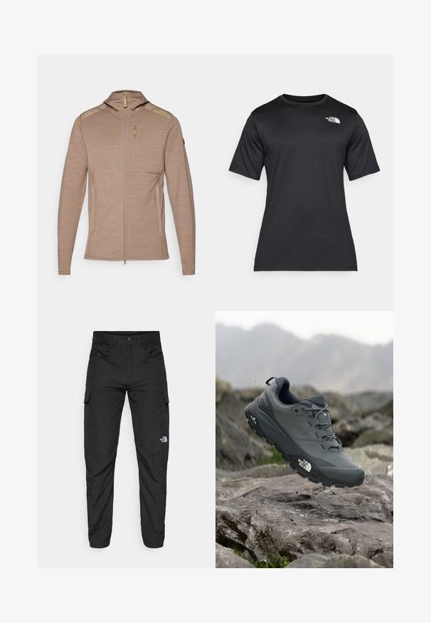 Lys brun hettejakke med glidelås, med teksturert stoff, skulderdetaljer og en brystlomme med glidelås.; Svart t-skjorte med korte ermer laget av lett, fukttransporterende stoff. Har en hvit logo på venstre bryst og rund hals.; The North Face HORIZON PANT - Friluftsbukser - black; Grå terrengløpesko med en teksturert overdel, slitesterk gummisåle og forsterket tåhette. Inkluderer snørebånd og merkevarelogo på siden.