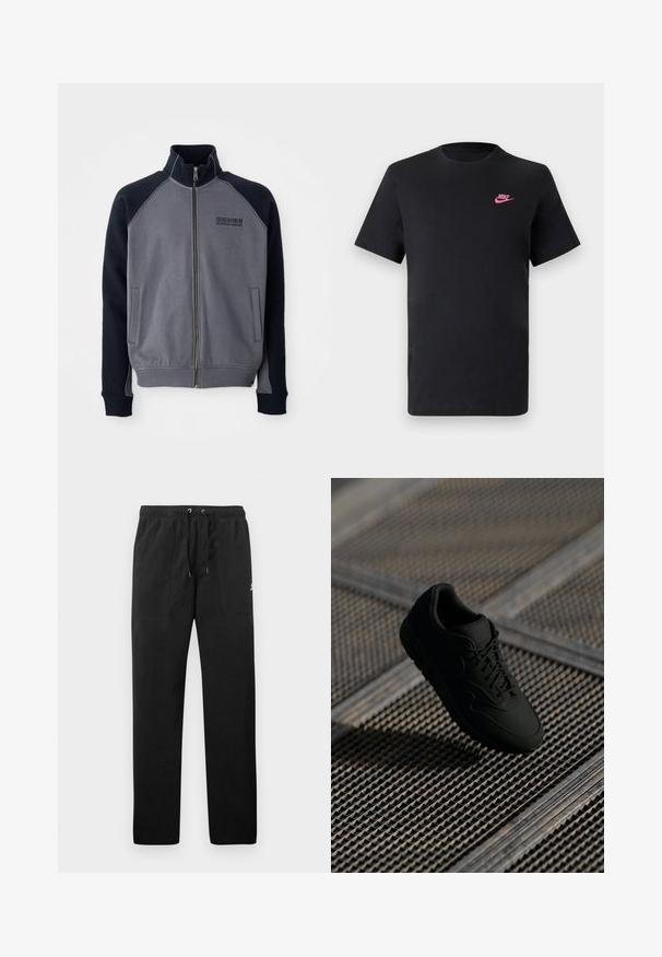 Casaco cinza e preto com fecho éclair, gola alta, dois bolsos frontais e o logótipo "Dickies Workwear Company" no peito.; T-shirt de algodão preto com decote redondo e mangas curtas. Apresenta um logótipo da Nike rosa no lado superior esquerdo. Textura suave.; Calças de fato de treino pretas feitas de polar, com uma cintura elástica e cordões, dois bolsos frontais e um pequeno logótipo na coxa.; Sneaker preto com uma textura suave, biqueira redonda, atacadores à frente e uma marcação sutil. Exibido contra um fundo industrial texturizado.