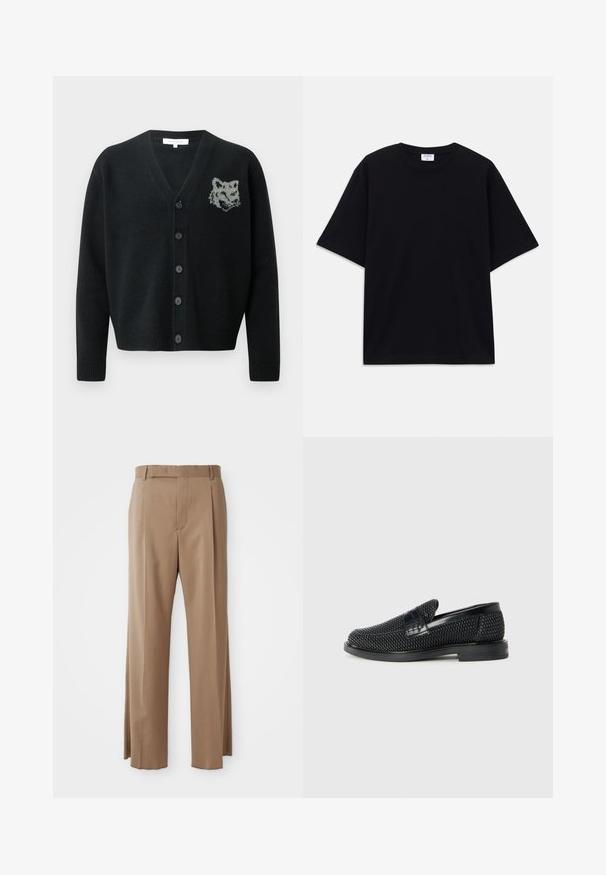 Black cardigan with a V-neck and button closure, featuring a grey wolf face design on the left chest. Soft fabric and ribbed cuffs.; Black short-sleeve oversized T-shirt with round neckline and visible Filippa K brand label inside the collar.; Light brown tailored trousers with straight legs, belt loops, front seam, and concealed fastening, displayed flat on white background.; Black woven slip-on shoe with a smooth leather accent on the upper, a round toe design, and a low-profile rubber sole.