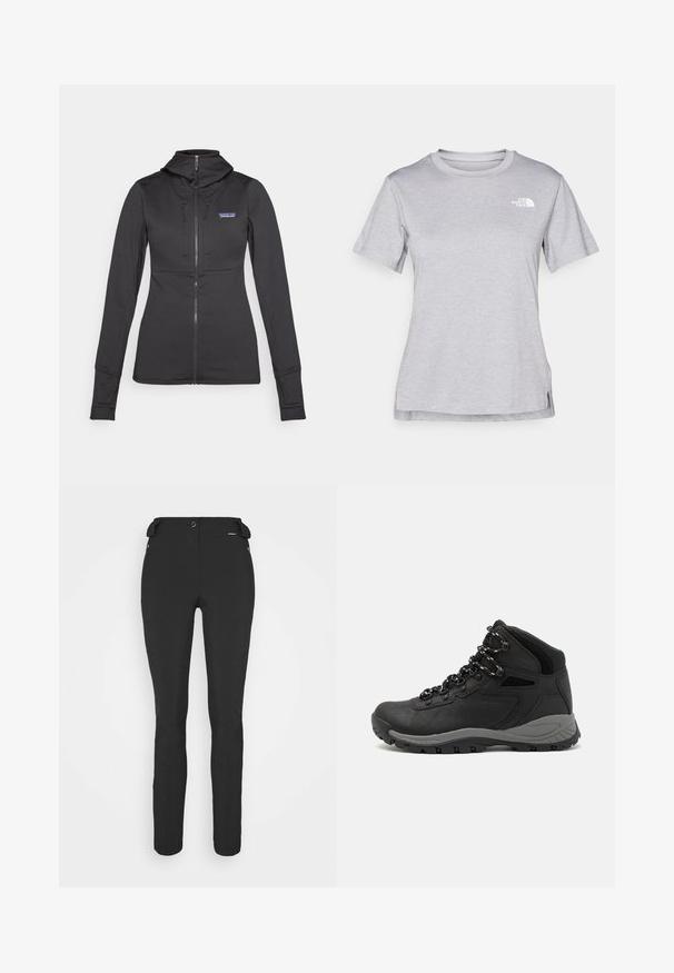 Crna jakna s patentnim zatvaračem izrađena od mekog, rastezljivog materijala, s visokim ovratnikom, prilagođenim rukavima i malim logom na lijevoj strani prsnog koša.; Siva kratka majica s kratkim rukavima izrađena od mekog, tkanog materijala koji upija vlagu. Ima okruglu izrez i mali bijeli logo na gornjem lijevom dijelu.; Crne, uske hlače izrađene od fleksibilnog materijala. Karakteristike uključuju bočni džep sa zipom, artikulirana koljena i glatku teksturu.; Crne planinarske čizme s dizajnom srednjeg vrha, sa teksturiranim gornjim dijelom, sivim akcentima i izdržljivom gumom potplatom s uzorkom za prianjanje.