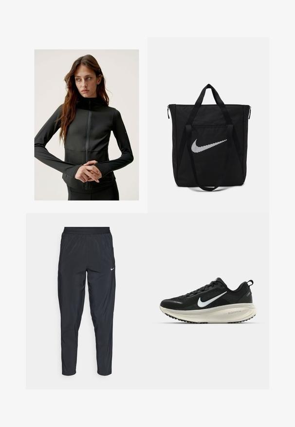 Svart treningsjakke laget av fleksibelt materiale, med høy krage, front glidelås og lange ermer med tommelhull.; Svart trenings T-skjorte laget av glatt stoff, med en knyttet frontdesign og en liten hvit Nike-logo på brystet.; Sorte idrettsbukser med elastisk midjebånd, smale ben og en liten hvit logo på venstre lår. Lett og glatt stoff.; Svart Nike løpesko med pustende mesh-overdel, hvit swoosh-logo, teksturert detaljer og en kremfarget ZoomX mellomsåle.; Svart nylon toteveske med to robuste håndtak og glidelås. Har en fremtredende hvit Nike swoosh-logo i et horisontalt stripete design.