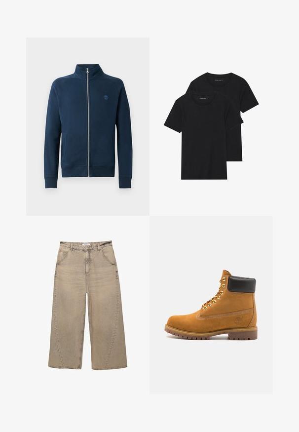 Mornarsko plava dukserica sa zipom, s visokim okovratnikom, rebrastim manžetama i rubom; ima mali izvezeni logo na grudima. Glatka tekstura tkanine.; Dvoje crnih pamučnih majica s kratkim rukavima, okruglim izrezom i glatkom teksturom, prikazanih n stacked. ; PULL&BEAR MEGA BAGGY - Vrećaste traperice - light grey; Antracitne antilop čizme do gležnjeva s crnim podstavljenim ovratnikom, zlatnim metalnim rupicama, bijelim šavovima i robusnom gumenom potplatom s izraženim šarama.
