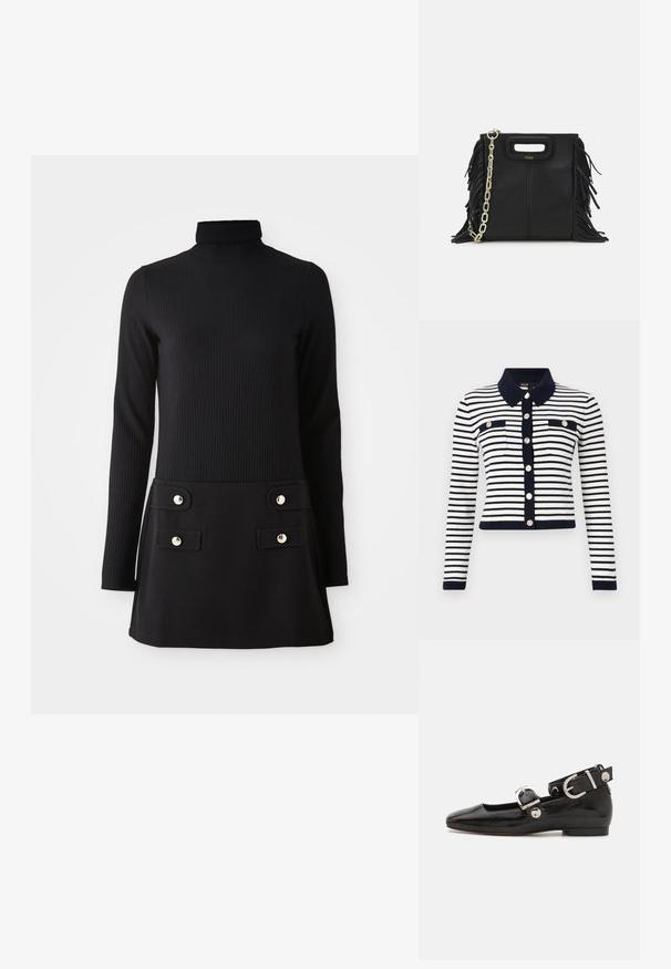 Prušasta pletena jopica v mornarsko modri in beli barvi, z ovratnikom, z zlatimi gumbi in dvema sprednjima žepoma. Dolgi rokavi z rebrastimi manšeti.; Črna rebrasta obleka s turtleneck ovratnikom in dolgimi rokavi, ki ima oprijet trup in razširjen krilo z dvema sprednjima žepoma ter zlatimi gumbi.; Črne lakaste balerinke s kvadratnim prstom, trakovi okrog gležnja z zlatimi dodatki in ravnim podplatom. Gladka tekstura z minimalističnim dizajnom.; Črna usnjena ročna torba z detajli fringa, zlatim verigo za rame in izrezanim ročajem. Na sprednji strani je nameščen logotip.