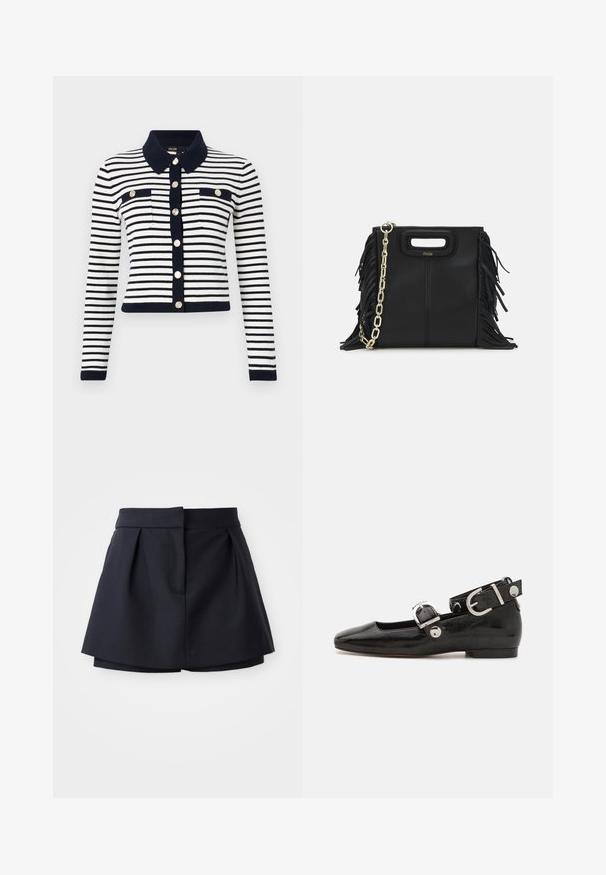 Sweter w paski w kolorze granatowym i białym, z kołnierzykiem, złotymi guzikami i dwiema przednimi kieszeniami. Długie rękawy z ściągaczami.; Granatowa polo z prążkowanej tkaniny, z kołnierzykiem w kształcie klapy, krótkimi rękawami i dwoma przednimi kieszeniami zapinanymi na napy; wyróżniająca się białymi przeszyciami.; Granatowe szorty z plisami o wysokim stanie, wykonane z gładkiej tkaniny. Charakteryzują się dopasowanym krojem i ukrytą przednią kieszenią.; Czarne lakierowane baleriny z kwadratowym noskiem, z paskiem na kostkę z metalowymi elementami w kolorze srebrnym oraz płaską podeszwą. Gładka textura i minimalistyczny design.; Czarna skórzana torebka na ramię z frędzlami, złotym łańcuszkiem oraz wyciętym uchwytem. Posiada umieszczone na przodzie logo.