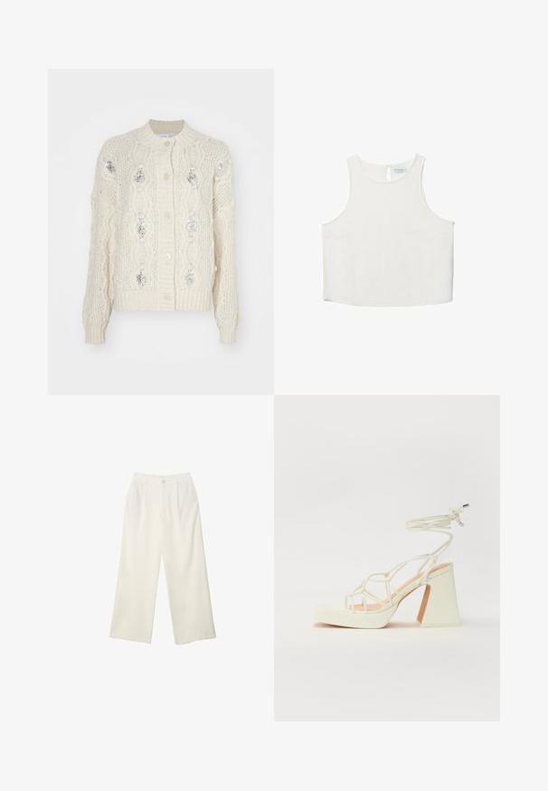 Kermavärvi neulecardigan, jossa on kaapelitikkauksia, hopeisia paljetteja sekä ribbireunukset hihoissa ja helmassa. Edessä viisi nappia.; Valkoinen hihaton paita, jossa on pyöreä pääntie, hienovarainen tekstuuri, avaustakki ja suora helma.; Kermanhousut vaaleassa kankaassa, jossa on sileä rakenne, yksittäinen etunappi, hienovaraiset laskokset ja korkea vyötärömuotoilu.; Valkoinen korkokenkä, jossa on paksu korko, ja joka sisältää nauhakiinnityksen ja nilkkaketjun. Sujuva pinta, jossa on platform-etupohja lisäkorkeutta varten.