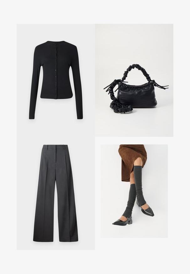 Cardigan negro de manga larga hecho de tela acanalada, con cuello redondo y una fila de botones en la parte delantera. Textura suave y diseño ajustado.; Camisa blanca de botones hecha de algodón suave, con un cuello clásico, mangas largas y un dobladillo curvado. Los botones son pequeños y blancos.; Pantalones de pierna ancha en tejido gris oscuro, con una cintura alta, pliegues simples y una textura suave con un acabado limpio en los dobladillos.; Zapatos de charol negros con punta afilada, tacón bloque y tira de tobillo, combinados con calentadores de piernas de canalé grises y una falda de ante marrón.; Bolso de mano de imitación cuero negro con textura de cocodrilo, parte superior fruncida y correa arrugada. Presenta un diseño suave y compacto.