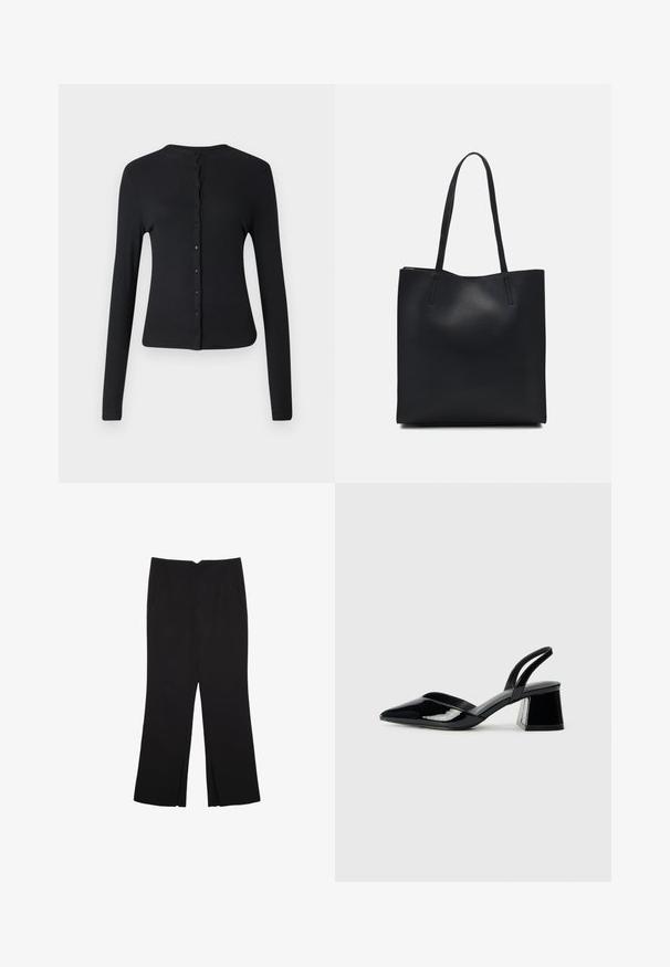 Black long-sleeve cardigan made of ribbed fabric featuring a round neckline and a row of buttons down the front. Smooth texture and fitted design.; Brown, high-neck one-piece swimsuit with thin, adjustable straps; features a high-cut leg and smooth texture. No patterns or embellishments.; Black trousers with a straight fit, featuring front pockets and side slits at the hem. Made of soft, smooth fabric. Suitable for various occasions.; Black patent leather slingback heels with a pointed toe and a geometric block heel. Features a sleek, minimal design and smooth texture.; Black leather tote bag with smooth texture, rectangular shape, and two long handles. No visible hardware or embellishments.