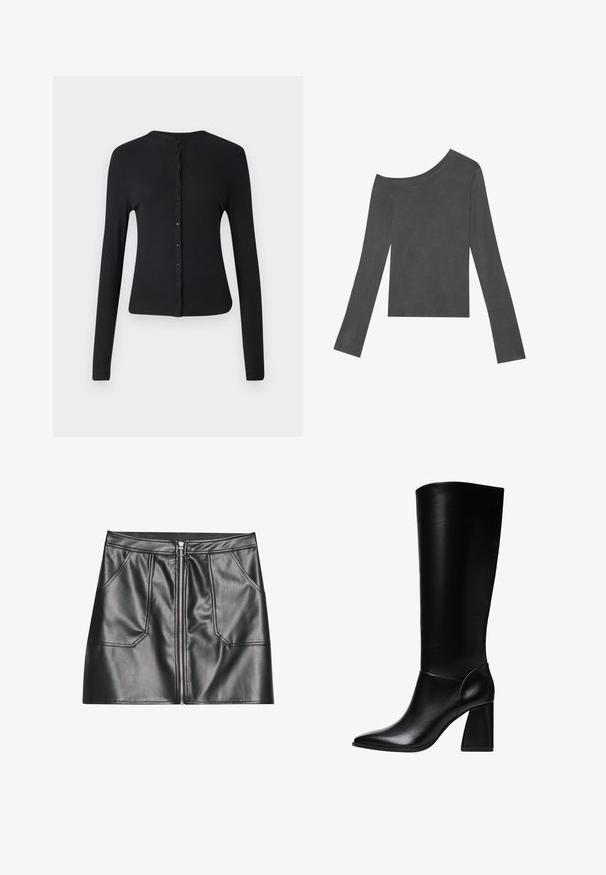 Cardigan nero a maniche lunghe realizzato in tessuto a costine, con scollo rotondo e una fila di bottoni sul davanti. Texture liscia e design aderente.; Maglietta grigia a maniche lunghe con design scollato. Realizzata in tessuto morbido con una texture liscia e orlo dritto.; Mini gonna in pelle sintetica nera con zip frontale, due tasche laterali e dettagli di cucitura a vista, caratterizzata da un design a taglio dritto.; Stradivarius Stivali con i tacchi - black