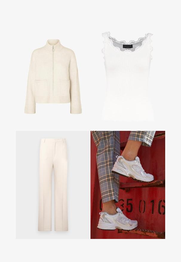Cropped cream sweater with a high collar, front zipper, and two front pockets. Made of soft, knitted fabric with ribbed accents.; White ribbed tank top with lace trim on the neckline and sleeves. Features a soft texture and fitted shape. Brand label visible inside.; Beige tailored trousers with a straight-leg design, made from lightweight fabric. Features front pleats and a classic waistband.; White mesh sneakers with silver accents and a textured sole, positioned on a red surface, paired with plaid trousers.