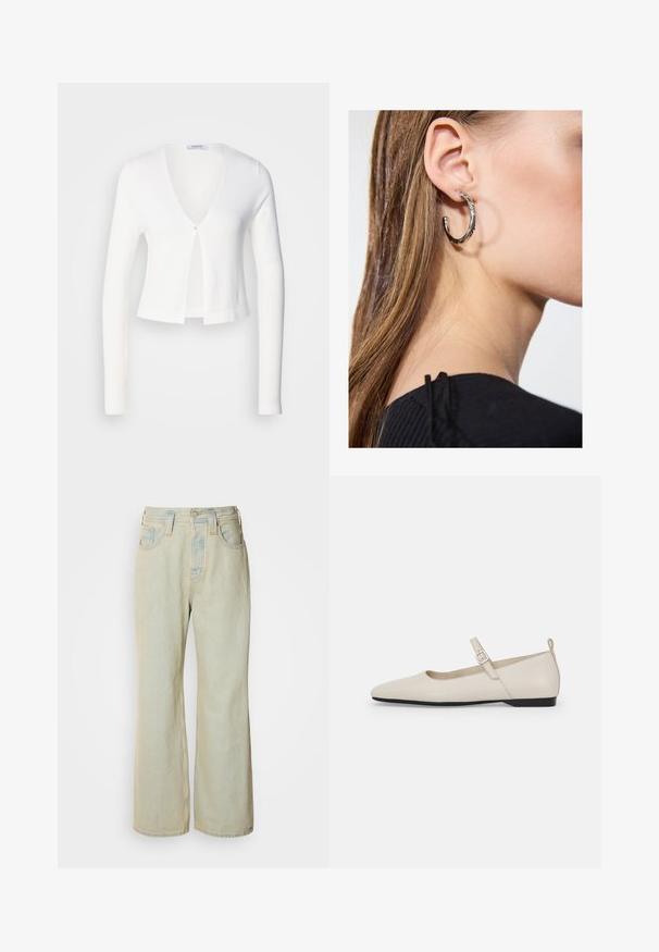 Cardigan blanc court avec des manches longues, décolleté en V et une seule fermeture par bouton à l'avant. Tissu doux et léger.; Débardeur blanc à côtes avec un col rond et sans manches, doté d'une coupe droite et d'une petite étiquette de marque sur le côté.; Jean large bleu clair en denim, avec une taille haute, cinq poches, et un léger délavage avec des accents de couture contrastante.; Ballerines blanches en cuir avec un bout pointu, une boucle sur le côté et un petit talon noir. Texture lisse et design minimaliste.; Boucle d'oreille en argent avec une finition polie, présentant de petits détails en or et de forme ronde, portée sur le lobe.