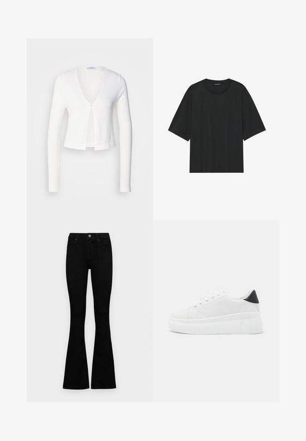 Valkoinen lyhyt neuletakki, jossa on pitkät hihat, V-päänti, ja yksittäinen nappikiinnitys edessä. Pehmeä tekstuuri ja keveä kangas.; Mustat lyhythihaiset t-paidat, jotka ovat valmistettu puuvillasta. Ominaisuuksiin kuuluu pyöreä pääntie, rento istuvuus ja siisti helma ilman näkyviä kuvioita tai varusteita.; Mustat korkeavyötäröiset farkut nappi- ja vetskariyläosalla, etutaskuilla ja levenevillä lahkeilla, asetettuna tasaisesti valkoista taustaa vasten.; Valkoiset alustasneakerit, jotka on valmistettu sileästä synteettisestä materiaalista. Niissä on pyöreä kärki, nauhakiinnitys ja teksturoitu kumipohja. Musta kantakorko korostaa ilmettä.