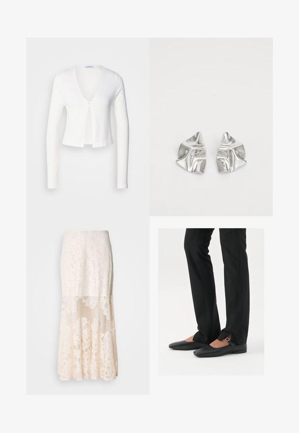 Hvit kort cardigan med lange ermer, v-hals og en enkelt knappelukking foran. Myk tekstur og lett stoff.; Svart tanktopp laget av myk, elastisk stoff. Har rund halsutskjæring og brede skulderstropper, med en tettsittende silhuett og jevn tekstur.; Blomsterbroderi midi skjørt i krem; har lagd design med gjennomsiktige seksjoner, teksturert blonde og flared kant.; Svart skinnballett-sko med spiss tå, stropp med sølvspenne, kombinert med svarte skreddersydde bukser med splitt i kanten.; Sølvmetall øredobber med et bølgete, skulpturelt design, preget av en polert finish og uregelmessige former, som fremhever en moderne estetikk.