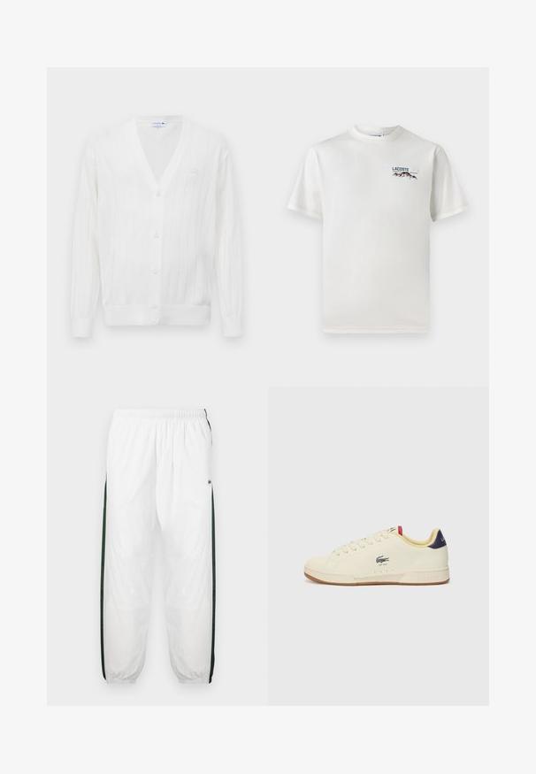 White knitted cardigan with a v-neck, ribbed texture, five buttons down the front, and a small embroidered logo on the left chest.; White cotton T-shirt with a round neckline, short sleeves, and a small embroidered logo featuring mountains and text on the left chest.; White track pants with dark green side panels. Lightweight material, elastic waistband, and cuffed hems. Features mesh texture on side panels.; Lacoste sneaker in cream leather with a textured finish. Features a rubber sole, lace-up front, navy heel, and embroidered logo.