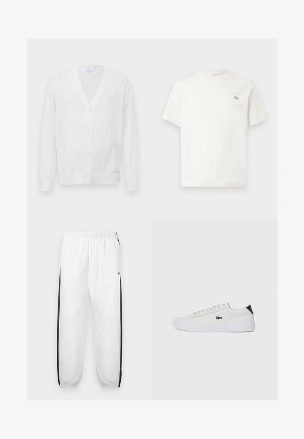 Fehér kötött kardigán V-kivágással, bordázott textúrával, öt gombbal elöl, és egy kis hímzett logóval a bal mellen.; Fehér pamut póló rövid ujjakkal, diszkrét hímzett logóval és minimalista designnal. Puha tapintású, kerek nyakkivágású.; Fehér sportnadrág sötétzöld oldalpanelekkel. Könnyű anyagból készült, rugalmas derékkal és gumis szegéllyel. Az oldalpaneleken hálós textúra található.; Fehér bőr sportcipő kerek orral, fűzős elülső résszel és fekete sarok akcentussal. Oldalán egy kis hímzett krokodil logóval rendelkezik.