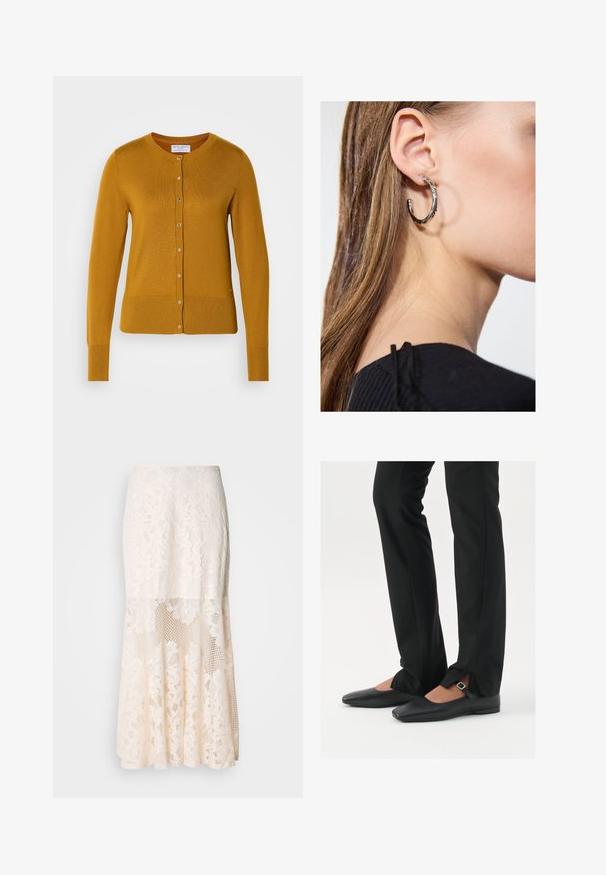 Mostardž žuti kardigan s okruglim izrezom, dugim rukavima, rebrastim manžetama i kopčanjem sprijeda. Pletena tekstura.; Crna majica bez rukava od mekog, rastezljivog materijala. Ima okrugli izrez i široke naramenice, s prilagođenim krojem i glatkom teksturom.; Krem suknja midi od cvjetne čipke; sadrži slojeviti dizajn s prozirnim dijelovima, teksturiranom čipkom i raširenim rubom.; Crne kožne balerinke s uskim vrhom, trakica sa srebrnom kopčom, u kombinaciji s crnim krojenim hlačama s otvorenim rubom.; Srebrna kružna naušnica s poliranim završetkom, koja ima male zlatne detalje i okrugli oblik, nošena na uhu.