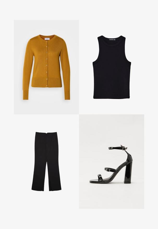 Goružna rumena jopica z okroglo izrezom, dolgimi rokavi, rebrastimi manšetami in gumbnim zapiranjem. Pletena tekstura.; Črna majica brez rokavov iz bombaža, z okroglim izrezom in širokimi odprtinami za roke. Gladka tekstura s šivi na robovih. Klasičen, minimalističen dizajn.; Črne hlače ravnega kroja z naglavnimi žepi in stranskimi razporki na robu. Narejene iz mehke, gladke tkanine. Primerne za različne priložnosti.; Črne lakaste sandale z visokimi petami, z dvema trakovoma z zaponkama, kvadratnim sprednjim delom in masivno širšo peto, z gladko, sijočo teksturo.