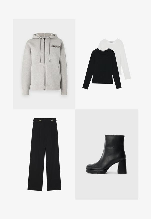 Copenhagen Muse Φούτερ με φερμουάρ - medium grey melange; Δύο μπλούζες με μακρύ μανίκι, μία μαύρη και μία άσπρη, και οι δύο με τετράγωνη λαιμόκοψη και φτιαγμένες από μαλακό, ελαστικό ύφασμα.; Μαύρο παντελόνι φόρμας σε φαρδιά γραμμή με ψηλή μέση, κουμπιά στη μέση και πλαϊνές τσέπες.; Μαύρη δερμάτινη μποτάκι στον αστράγαλο με τετράγωνο τακούνι και πλατφόρμα, απεικονισμένο από το πλάι σε λευκό φόντο.