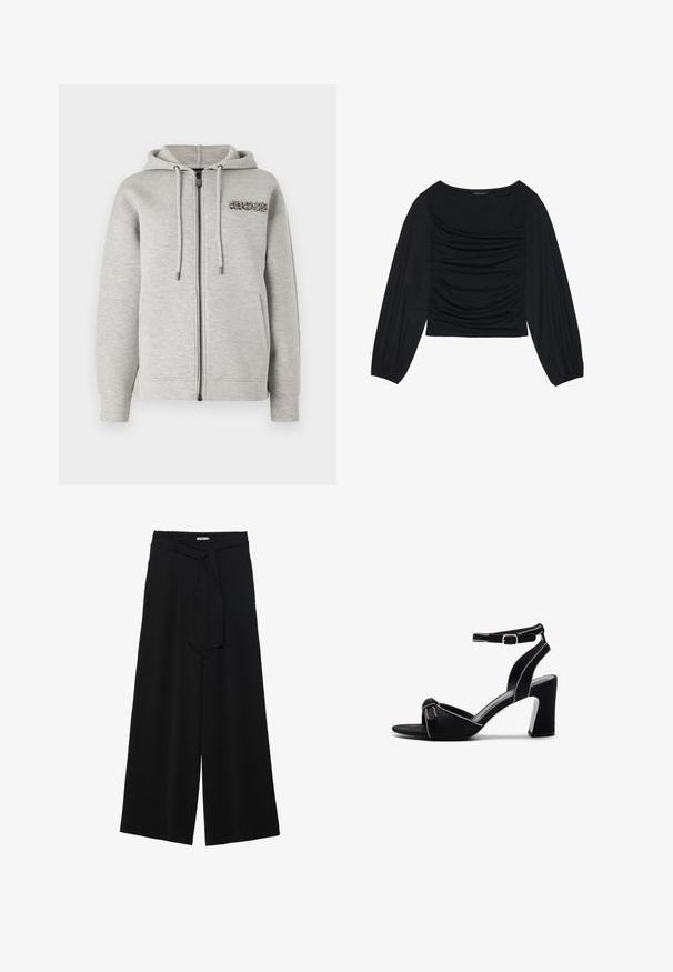 Copenhagen Muse Zip-up sweatshirt - medium grey melange; Black long-sleeve top featuring gathered fabric detail at the front and wrists, made of soft, stretchy material with a boat neckline.; Black wide-leg pants featuring a textured fabric, an elastic waistband, and a detachable sash tie at the waist for adjustable fit.; Black suede heeled sandals with a wide block heel, adjustable ankle strap, open toe design, and contrasting stitched detailing.