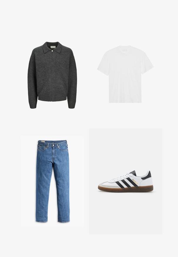 Gray wool zip-up sweater with a ribbed collar and cuffs, features a simple design and a relaxed fit, suitable for layering.; White cotton t-shirt with short sleeves, crew neckline, and straight hem. Smooth texture, minimalistic design without patterns or accents.; Blue denim jeans with a straight leg cut, copper rivets, and five-pocket design. Features a sewn hem and a classic waistband with belt loops.; White leather sneaker with black suede accents, three black stripes, beige rubber sole, and gold "SPEZIAL" branding on the side.