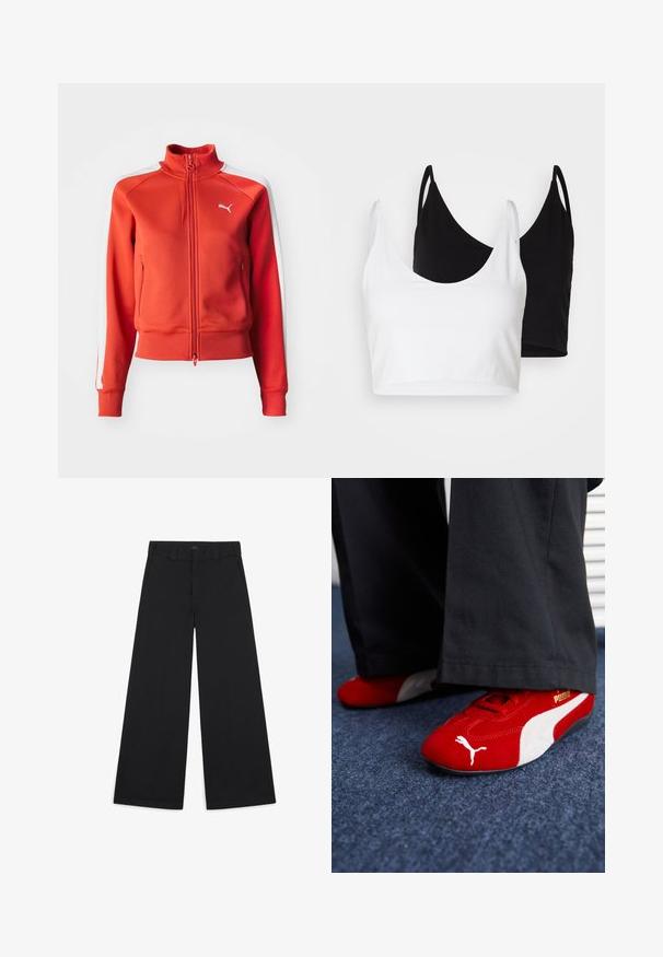 Textúrált anyagból készült piros zipzáras dzseki. Álló gallérral, fehér oldalsávokkal és egy kis fehér logóval rendelkezik a mellkason.; Két pamut crop top fehér és fekete színben. Mindkettő mély nyakkivágással és vékony vállpántokkal rendelkezik, sima, puha textúrával.; Széles szárú fekete nadrág, puha, szőtt anyagból készült. Jellemzői a gyűrt vonalak, övhurkok és az elegáns, szabott kivitel.; Piros velúr sportcipő fehér részletekkel, texturált anyaggal, kerek orral és arany logóval az oldalon, fekete nadrággal kombinálva.