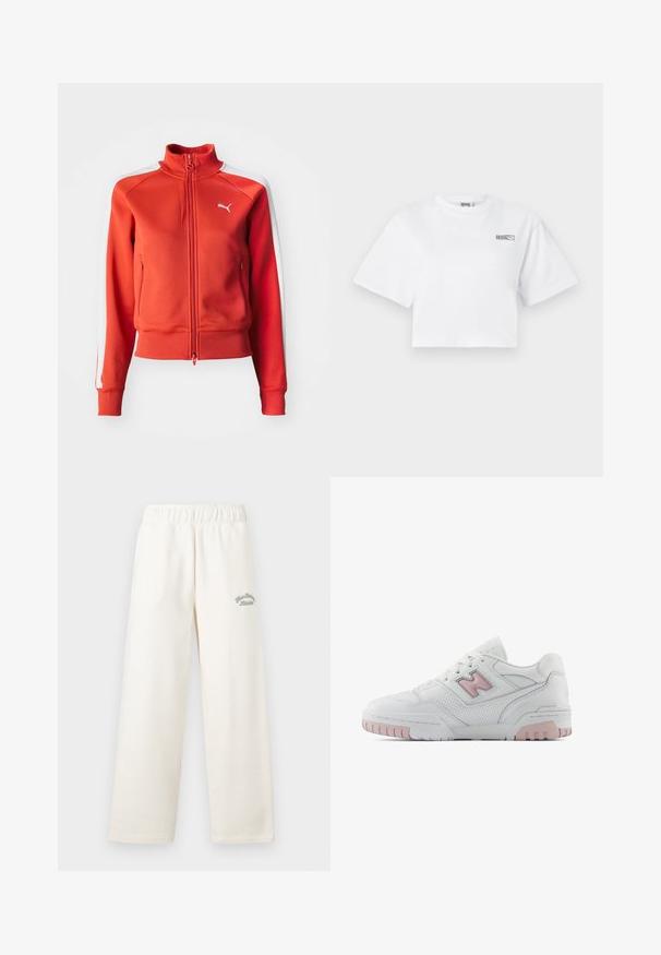 Rote Zip-Jacke aus strukturiertem Stoff. Verfügt über einen Stehkragen, weiße Seitenstreifen und ein kleines weißes Logo auf der Brust.; Weißescropped T-Shirt mit kurzen Ärmeln und kleinem "HOSIE"- und Puma-Logo auf der oberen linken Brust.; Cremfarbene, weit geschnittene Hose aus weichem Material mit einem elastischen Bund. Auf der Vorderseite ist dezent grüner Sticktext zu sehen.; Weiße Sportschuh mit pinken Akzenten. Verfügt über glattes Leder, perforierte Abschnitte und eine dicke Gummisohle. Die Schnürsenkel sind im Standardstil.