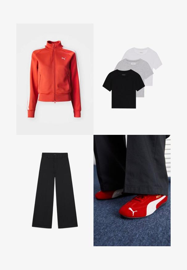 Giacca rossa con zip, realizzata in tessuto testurizzato. Presenta un colletto alto, strisce bianche sui lati e un piccolo logo bianco sul petto.; Set di tre t-shirt a maniche corte in nero, grigio e bianco. Realizzate in cotone, presentano un collo a giro e un design semplice in un colore solido.; Pantaloni neri a gamba larga realizzati in un morbido tessuto intrecciato. Presentano una piega pressata, passanti per la cintura e una finitura pulita e sartoriale.; Sneakers in camoscio rosso con accenti bianchi, caratterizzati da materiale testurizzato, punta rotonda e un logo dorato di lato, indossati con pantaloni neri.