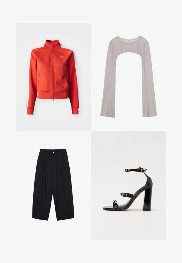 Giacca rossa con zip, realizzata in tessuto testurizzato. Presenta un colletto alto, strisce bianche sui lati e un piccolo logo bianco sul petto.; Maglietta argento a maniche lunghe con scollatura rotonda e un'apertura sotto. Realizzata in tessuto testurizzato, presenta un design aderente e maniche svasate.; Pantaloni culotte neri in poliestere con una cintura elastica, due pieghe frontali e una silhouette ampia. Nessun motivo visibile o dettagli in metallo.; Sandali con tacco in vernice nera, con punta squadrata, cinturini alla caviglia e fibbie in argento. Presentano un tacco a blocco spesso per maggiore stabilità.