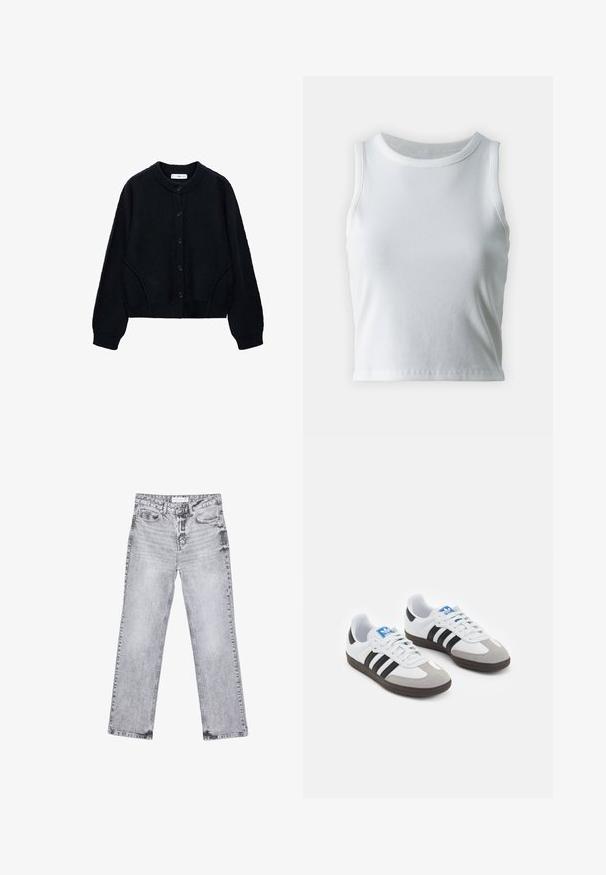 Schwarze gestrickte Strickjacke mit rundem Ausschnitt, Knopfverschluss und langen Ärmeln. Mit Seitentaschen sowie gerippten Bündchen und Saum.; Weißes, geripptes Tanktop mit runder Ausschnittform und ärmellosem Design, ausgestattet mit einem geraden Saum und einer glatten, dehnbaren Textur.; Graue Jeans aus Denim mit geradem Bein, mit Used-Effekten, fünf Taschen und kupferfarbenen Nieten. Der Bund verfügt über ein Logoshirt.; Sportschuhe mit einem Obermaterial aus weißem Leder, grauer Wildleder-Zehenkappe und drei schwarzen Streifen. Sie verfügen über ein blaues Logo auf der Zunge und eine strukturierte Gummisohle.