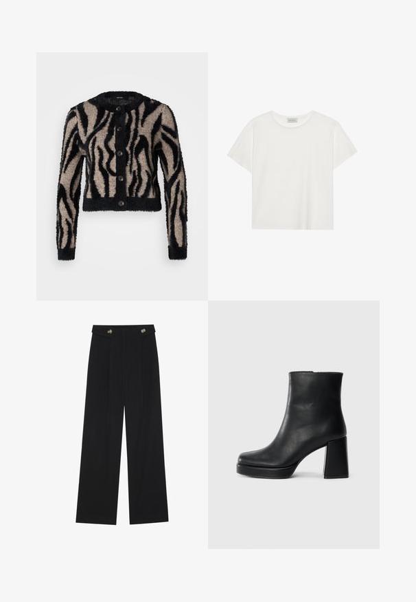 Vero Moda Petite VMVALENTINA O NECK CARDIGAN - Cardigan - black/silver mink; White short-sleeve T-shirt made of soft cotton. Features a round neckline and relaxed fit. Clean design with no visible patterns or accents.; Black wide-leg trousers with high waist, button details on waistband, and front pleats.; Black leather ankle boot with a block heel and platform sole, viewed from the side on a plain white background.