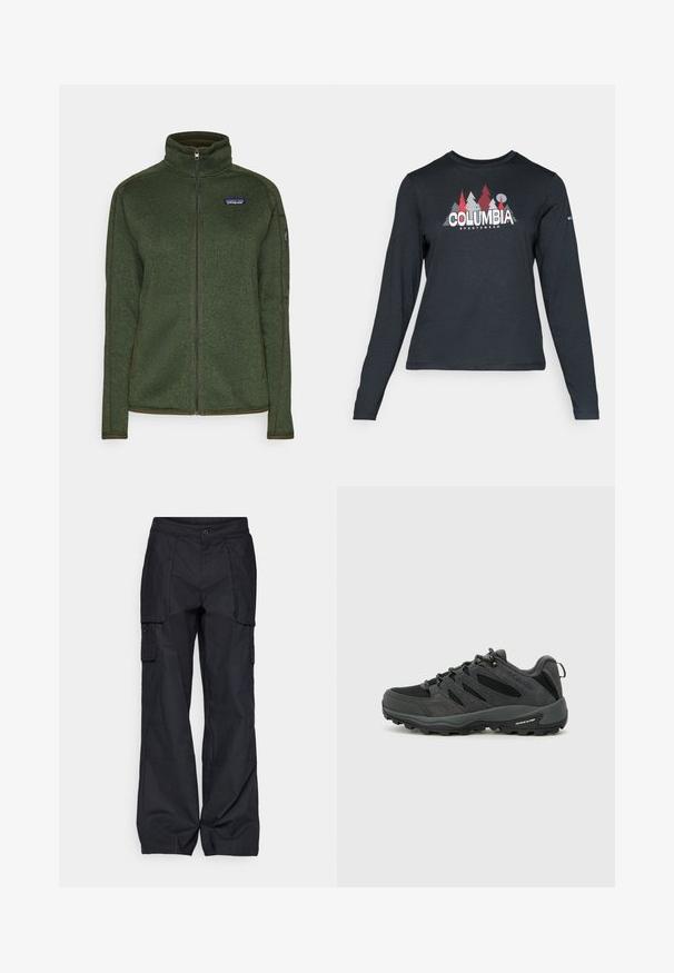 Patagonia BETTER SWEATER - Užtrauktuku užsegamas treningas - torrey pine green; Ilga rankovė tamsiai pilka marškinėliai su raudonų medžių ir kalnų grafika; drąsaus baltos spalvos teksto "COLUMBIA" logotipas. Minkšta medžiaga, standartinis apvalus kaklas.; Columbia BREA FALLS™ COTTON RIPSTOP PANT - Lauko kelnės - black; Columbia REDMOND - Turistiniai batai - black/citron haze
