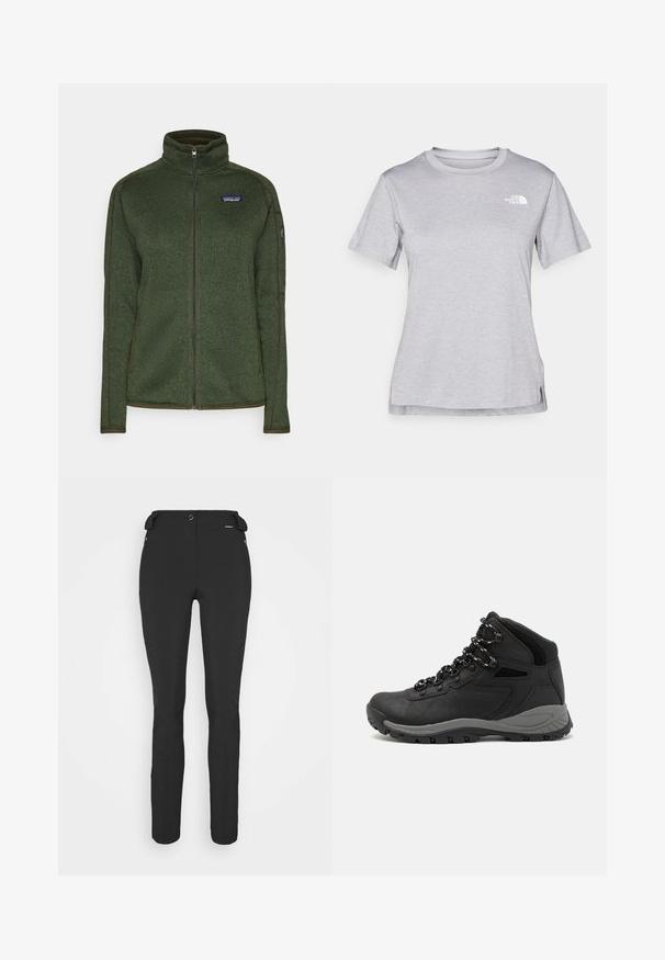 Patagonia BETTER SWEATER - Camisola com fecho - torrey pine green; T-shirt cinza de mangas curtas feito de um tecido suave e que absorve a humidade. Apresenta um decote redondo e um pequeno logotipo branco na parte superior esquerda.; Calças pretas, ajustadas, feitas de um material flexível. As características incluem um bolso lateral com fecho éclair, joelhos articulados e uma textura suave.; Bota de caminhada preta com design de cano médio, apresentando um upper texturizado, detalhes cinzentos e sola de borracha durável com cravos de tração.