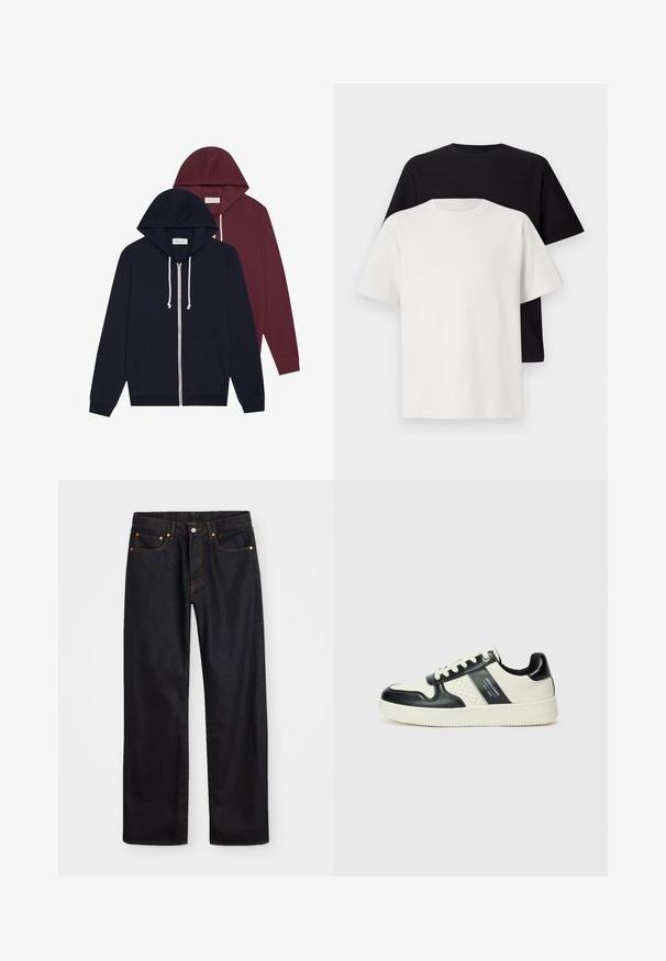 Dos sudaderas: una de color azul marino oscuro y otra burdeos. Ambas tienen cierre con cremallera, cordones, bolsillos frontales y puños de canalé. Material de mezcla de algodón.; Conjunto de camisetas de algodón que incluye una camiseta negra y una blanca, ambas con mangas cortas, escote redondo y corte estándar. Tejido texturizado.; Jeans de mezclilla negros de pierna recta para hombre, con cinco bolsillos y costuras en color naranja, cierre de botón y cremallera en la parte delantera de la cintura.; Zapatillas de cuero con un esquema de colores negro y crema, que cuentan con acentos perforados, un collar acolchado y una suela texturizada.