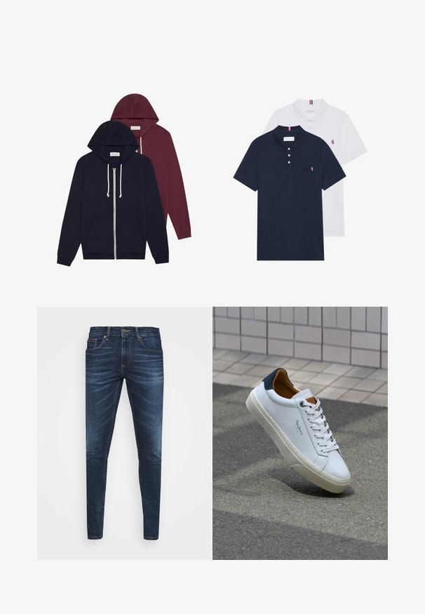 Twee hoodies: één donkerblauw, één bordeaux. Beide hebben een rits aan de voorkant, trekkoorden, zakken aan de voorkant en ribgebreide manchetten. Van katoenmix materiaal.; Twee polo shirts: één marineblauw en één wit, beide met een kleine rood, wit en blauwe accent op de borstzak en kraag.; Donkerblauwe denim jeans met een slim fit, subtiele vervaging, vijf zakken en een metalen knoopsluiting. Gestikte accenten in contrasterende kleur.; Witte leren sneaker met een marineblauwe hiel, ronde neus en contrasterende bruin accent. Beschikt over platte veters en een gestructureerde rubberen zool.