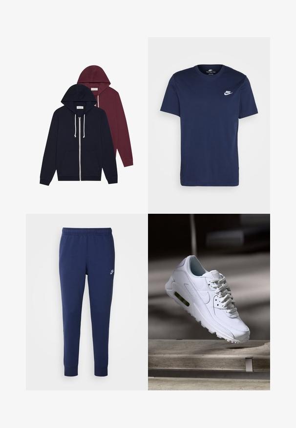 Dois hoodies: um azul marinho escuro e outro burgundy. Ambos apresentam fecho éclair na frente, cordões ajustáveis, bolsos frontais e punhos em malha. Material em mistura de algodão.; T-shirt de algodão azul-marinho com decote redondo e mangas curtas. Apresenta um logo branco da Nike no peito esquerdo e uma barra reta.; Calças de treino Nike azul-marinho feitas de uma mistura suave de algodão, com um cós elástico, pernas afuniladas e um pequeno logotipo branco de lado.; Sapatilha branca de couro com superfícies texturizadas, colarinho acolchoado e amortecimento de ar visível na sola. Apresenta atacadores e um design minimalista.