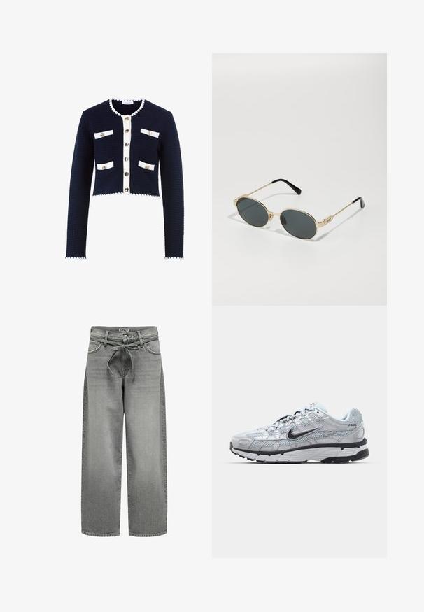 Tengerészkék kötött kardigán fehér díszítéssel, kerek gallérral, öt arany gombbal és négy elülső zsebbel. Rövidített fazonú, fodros szegéllyel.; Fekete, hosszú ujjú felső, négyzet alakú dekoltázzsal, testhezálló fazonnal és oldalsó hasítékokkal az alján. Simító, rugalmas anyagból készült.; Széles lábú, szürke farmernadrág húzózsinóros derékkal és elülső zsebekkel. Az anyaga enyhe textúrával és kopott hatással rendelkezik.; Nike P-6000 sportcipő, világosszürke hálós felsőrésszel, fekete részletekkel és tartós fekete gumitalppal. Bonyolult dizájnnal és fűzőrendszerrel rendelkezik.; Arany színű fém napszemüveg ovális lencsékkel és sötét tónusú lencsékkel. Fekete acetát végződések az ágon. "QUAY" márkanevének felirata az oldalán.; Fekete steppelt bőrtáska arany lánc pánttal és logó részlettel. Téglalap alakú, sima textúrájú, fedélzáras kialakítással.