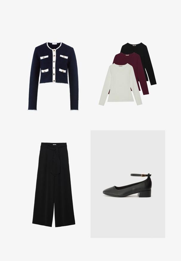 Tummansininen neulecardigan, jossa valkoiset yksityiskohdat, pyöreä kaulus, viisi kultaklipsua ja neljä etutaskua. Lyhyt malli, jossa on aaltoileva helma.; Pitkähihaiset t-paidat valkoisena, burgundinpunaisena ja mustana. Valmistettu pehmeästä kankaasta, jossa on pyöreä kaula-aukko ja vartalonmyötäinen muotoilu. Sopii hyvin kerroksittain käytettäväksi.; Mustat leveät housut, joissa on teksturoitu kangas, joustava vyötärö ja irrotettava nauha vyötäröllä säädettävää istuvuutta varten.; Mustat nahkakengät, joissa on terävä kärki ja matala lohkare korko. Varustettu nilkkahihnalla, jossa on kultasävyinen solki. Lisää sileä pinta.