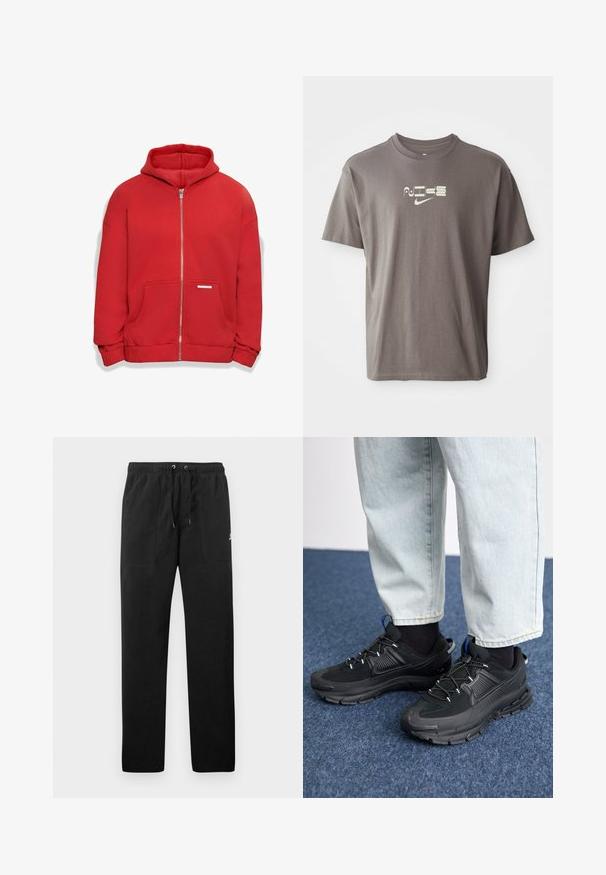 Dropsize BAZIX REPUBLIQ SUPER  - Sweater met rits - red; Bruine korte mouwen t-shirt met een lichtgekleurde "Nike" logo gedrukt op de voorkant, met een casual, relaxed fit.; Zwarte sweatpants van fleece, met een elastische tailleband met trekkoorden, twee voorzakken en een klein logo op de dij.; Zwarte sportschoenen met gestructureerde stof en rubberen zolen, met elastische veters en een blauwe accent op de hiel. Draag samen met lichte spijkerbroeken.