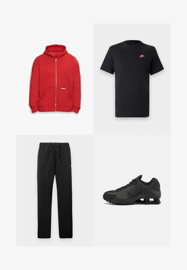 Dropsize BAZIX REPUBLIQ SUPER - Sweatjacke - red; Schwarzes Baumwoll-T-Shirt mit rundem Ausschnitt und kurzen Ärmeln. Mit einem pinken Nike-Logo auf der oberen linken Seite. Glatte Textur.; Schwarze Sweatpants aus Fleece, mit einem elastischen Bund mit Kordelzug, zwei Fronttaschen und einem kleinen Logo auf dem Oberschenkel.; Schwarze Laufschuhe mit einem glatten synthetischen Obermaterial, durchbrochenen Akzenten, strukturierten Seitenpaneelen und einer ausgeprägten federnden Sohle.