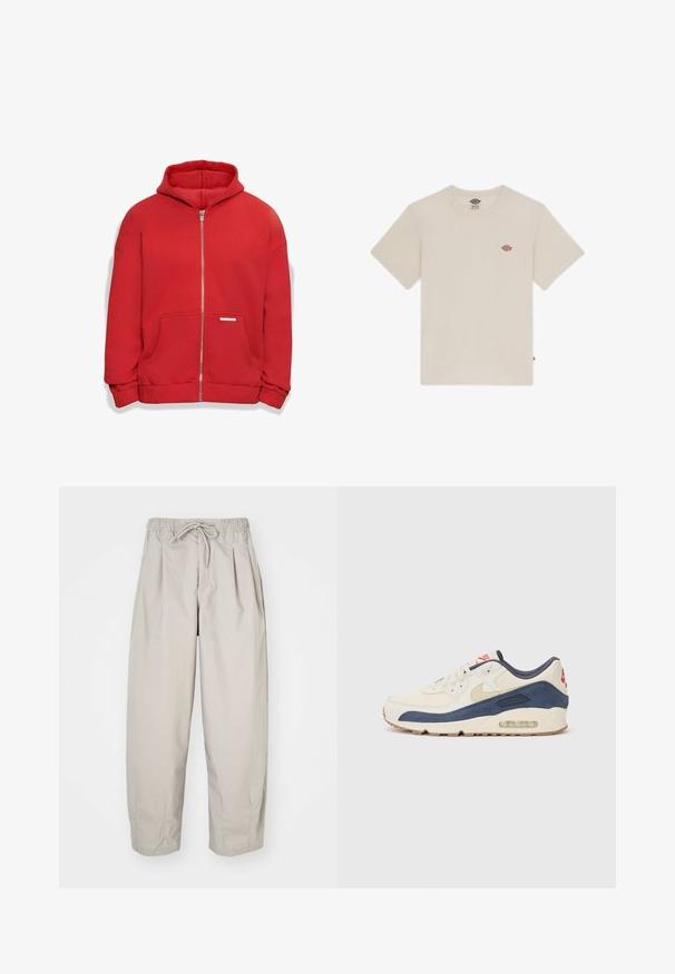 Dropsize BAZIX REPUBLIQ SUPER - Športna jopa s kapuco na zadrgo - red; Kremna bombažna majica s kratkimi rokavi, okroglo izrezana in z majhnim večbarvnim vezenim logotipom na prsi.; Bež hlače iz lahkega materiala z elastičnim pasom in vrvico. Imajo gube in ohlapen kroj, izdelane so iz mehkega, gladkega blaga.; Tenisice z zgornjim delom iz krem usnja in mornarsko modrega semiša, s prozornim zračnim podplatom, bež gumijastim podplatom in rdečim poudarkom na peti.