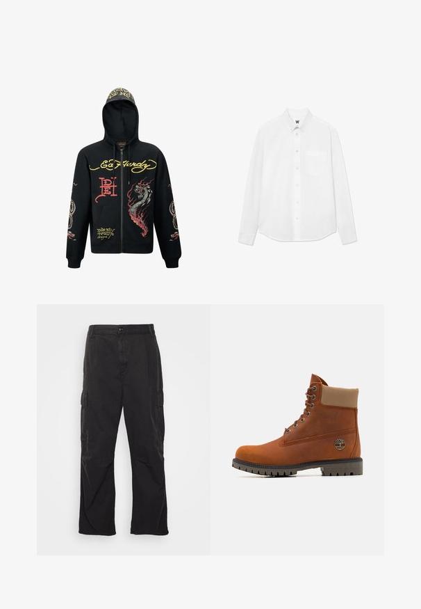 Sudadera negra con cremallera y capucha, que presenta gráficos coloridos de dragones y serpientes, tejido texturizado, puños acanalados y acentos de logo.; Camisa blanca de manga larga con botones y cuello, bolsillo frontal y una textura sutil. La tapeta delantera tiene botones y un pequeño detalle del logo.; Pantalones cargo negros con un diseño de pierna recta, que cuentan con dos bolsillos laterales, un cierre de botón y una tela texturada.; Timberland Botines con cordones - medium orange
