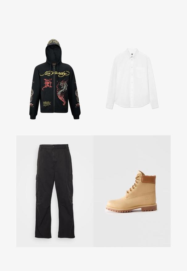 Black zip-up hoodie with a hood, featuring colorful dragon and snake graphics, textured fabric, ribbed cuffs, and logo accents.; White long-sleeve button-up shirt with a collar, front pocket, and subtle texture. Front placket features buttons and a small logo detail.; Black cargo pants with a straight-leg design, featuring two side pockets, a button closure, and a textured fabric.; Light brown leather ankle boot with padded collar, gold eyelets, tan laces, and thick lug sole on plain light background.