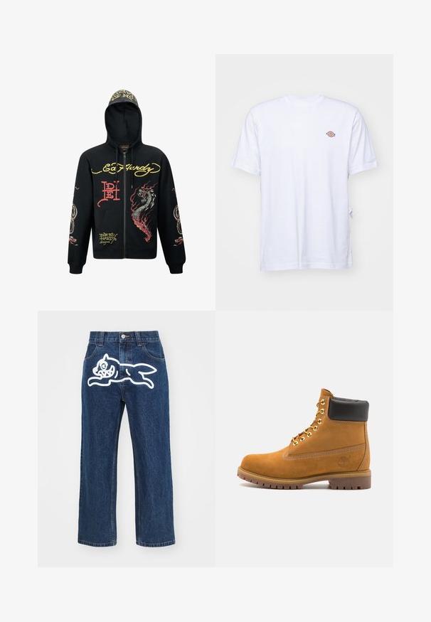 Svart zip-up hoodie med huva, med färgglada drake- och ormgrafik, texturerat tyg, ribbade ärmslut och logotypdetaljer.; Vit bomullströja med v-ringning och korta ärmar. Har en liten färgglad broderad logotyp på vänster bröst. Mjuk textur.; Mörkblå vida jeans med en stor vit tecknad hundgrafik på bakfickan. Denimtextur, traditionell femfickorsdesign.; Tan mockasins ankelstövlar med svart vadderad krage, guldmetallöglor, vit sömdekor och slitstöt gummisula med utmärkta mönster.