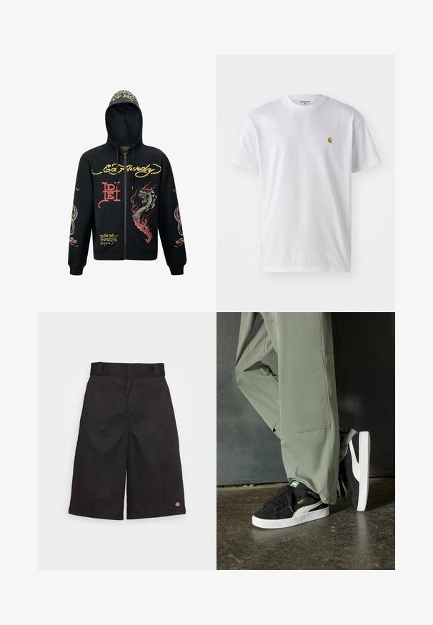 Černá mikina s kapucí na zip, zdobená barevnými grafikami draka a hada, texturovanou tkaninou, žebrovanými manžetami a logovými akcenty.; Bílé bavlněné tričko s krátkým rukávem a kulatým výstřihem, s malým zlatým logem na levé straně hrudi. Měkká textura a klasický střih.; Černé bavlněné šortky s rovnými nohavicemi, délka po kolena, s viditelným logem značky na lemu a hladkou texturou.; Černé semišové tenisky s bílými gumovými podrážkami a bočními pruhy, spárované se světle zelenými cargo kalhotami, stojící na texturovaném tmavém povrchu.